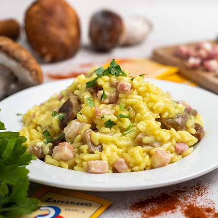 Risotto funghi zafferano e pancetta